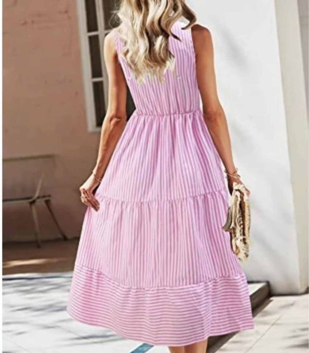 Women's Pink Striped V-Neck Sleeveless Tiered Maxi Dress